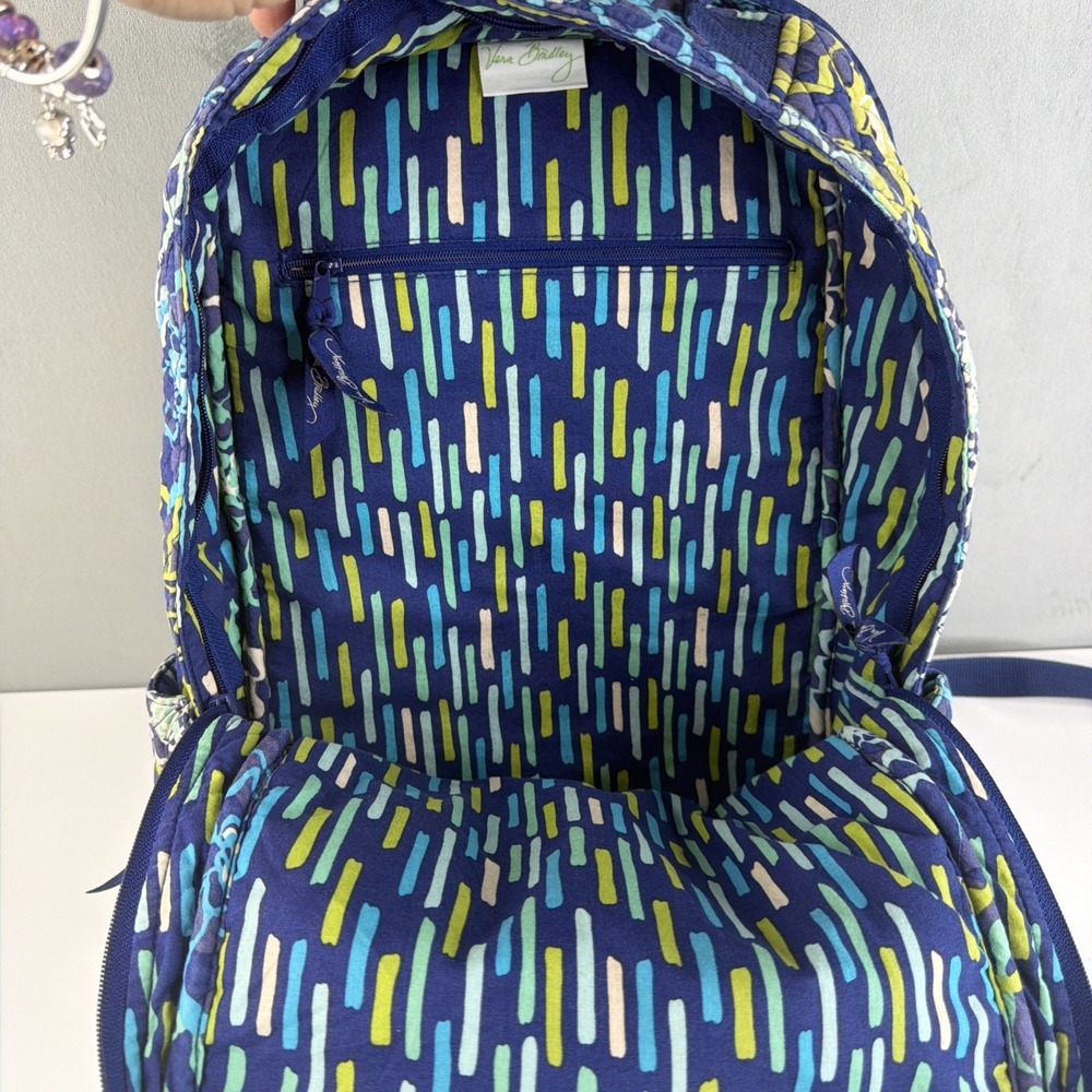 Vera Bradley Backpack Blue Green Floral Quilted Campus School Travel Bag - Picture 7 of 11